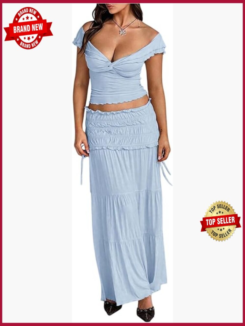 2 Piece Skirt Set: Crop Top & Ruffle Maxi Skirt Set